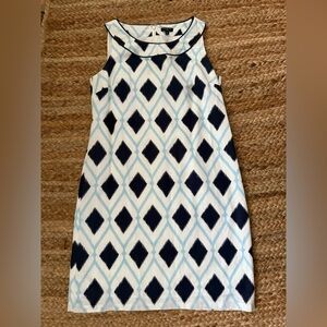Talbots 8 Petite Blue & White Geometric Print Shift Dress Linen & Cotton Blend